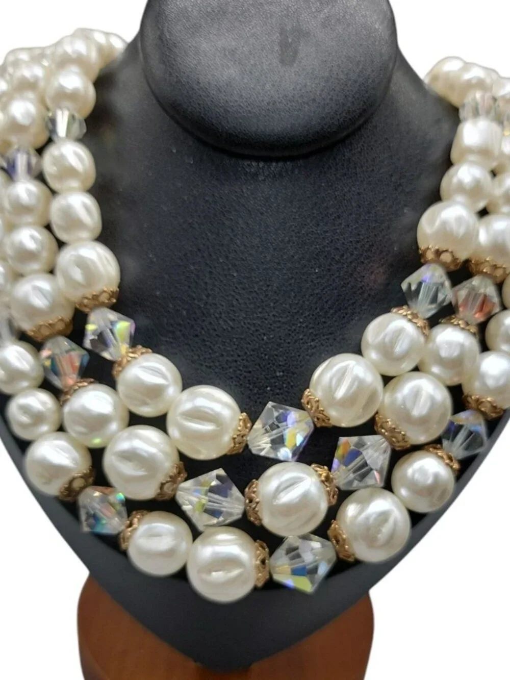 Faux Pearl Choker Multistrand Necklace Aurora Borealis Prism Spacers 16